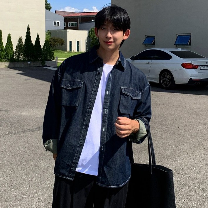 남자 남성 고퀄리티 루즈 오버핏 입체 포켓 청 데님 긴팔 남방 셔츠
