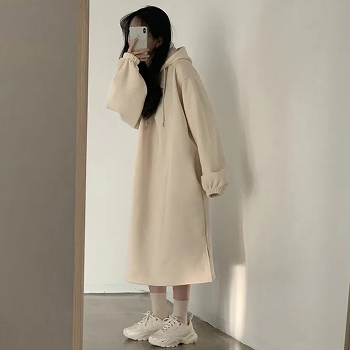 집에서 입는 기모 후드 롱 원피스
