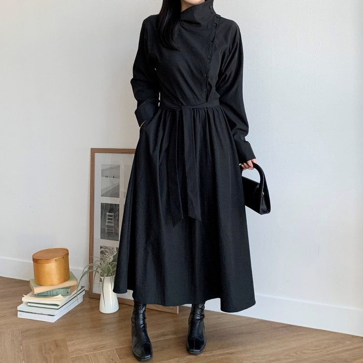 더한땀 어반 버튼 하이넥 맥시 원피스 하객룩