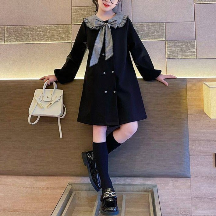 해피유통 여아 레트로 블랙 원피스 귀여운 컬러배색 칼라 디자인디자인14세 이상