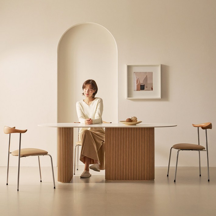 그레이스 세라믹 입식테이블 양타원, 상판 화이트  다리 네츄럴우드, 8인용