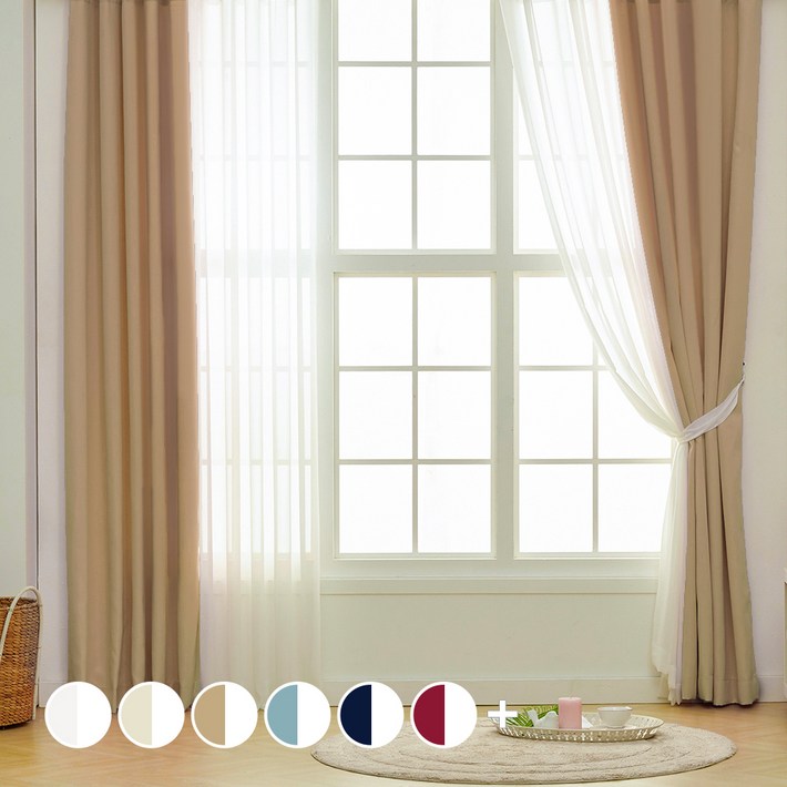 아일렛형 긴창 솔리드 암막커튼 2p  소프트 쉬폰커튼 2p  끈 2p 세트