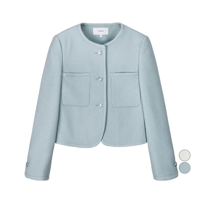 온앤온 여성용 노카라 라운드 트위드 자켓