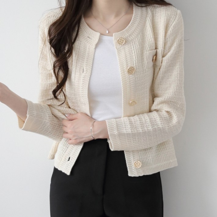 제니트 여성용 기본핏 라운드넥 골드버튼 소미 트위드 가디건 g1255