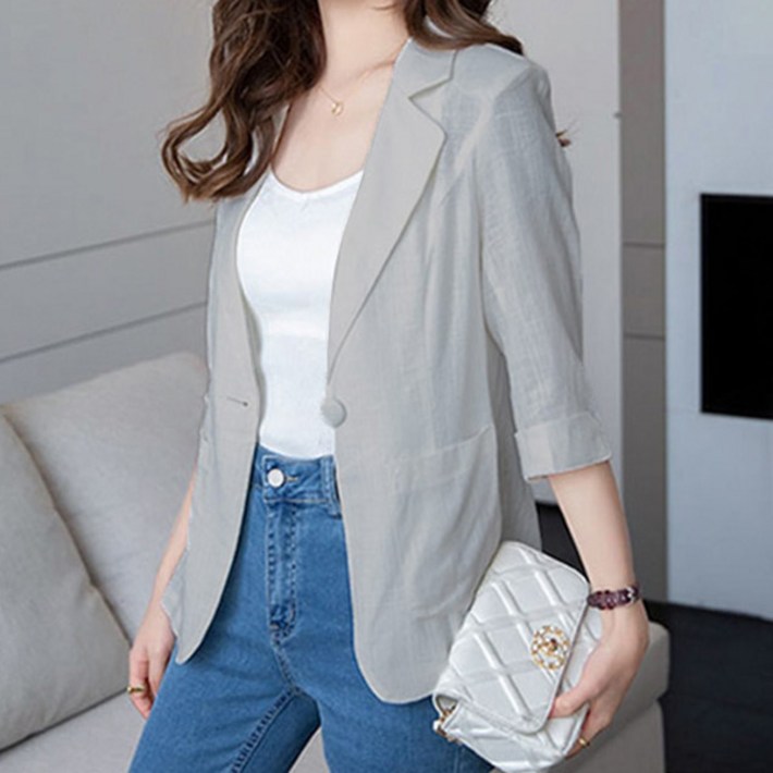 퀸앤조이 여성용 통기성 7부 소매 린넨 자켓
