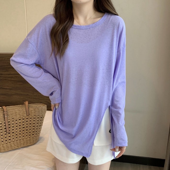 라라온 여성용 루즈핏 라운드넥 트임 뒷스트랩 긴팔 티셔츠 25TSP3535