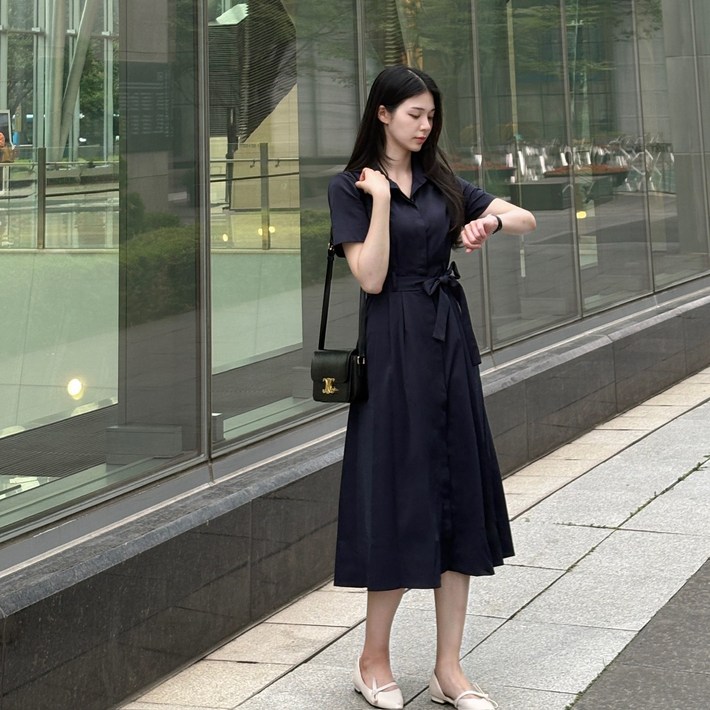 벨르 셔츠 카라 네이비 원피스 하객룩 오피스룩 정장 여름 고급