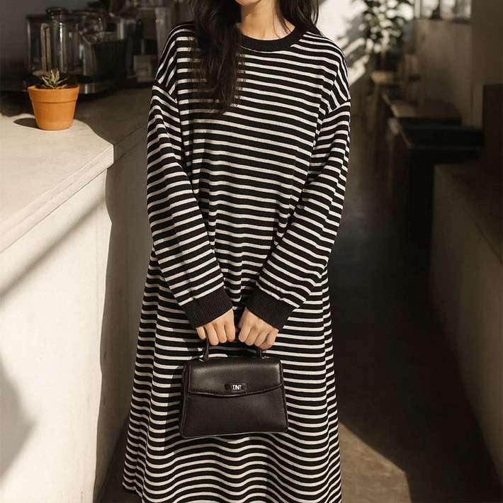 데일로엔 여자 가을 스트라이프 데일리 롱 원피스