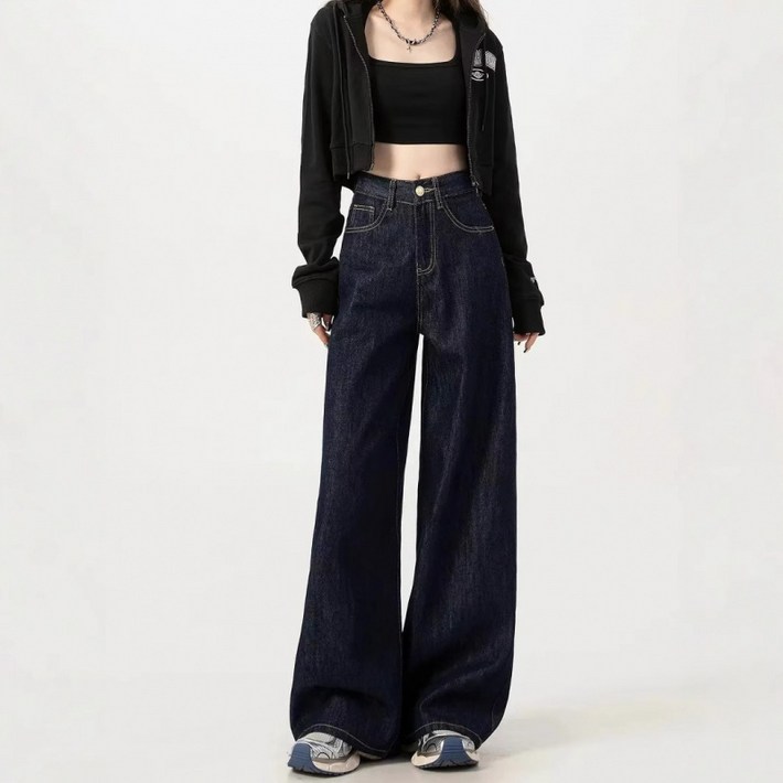 SAHINER 여성 캐주얼 하이웨이스트 와이드 데님 팬츠 LW2355