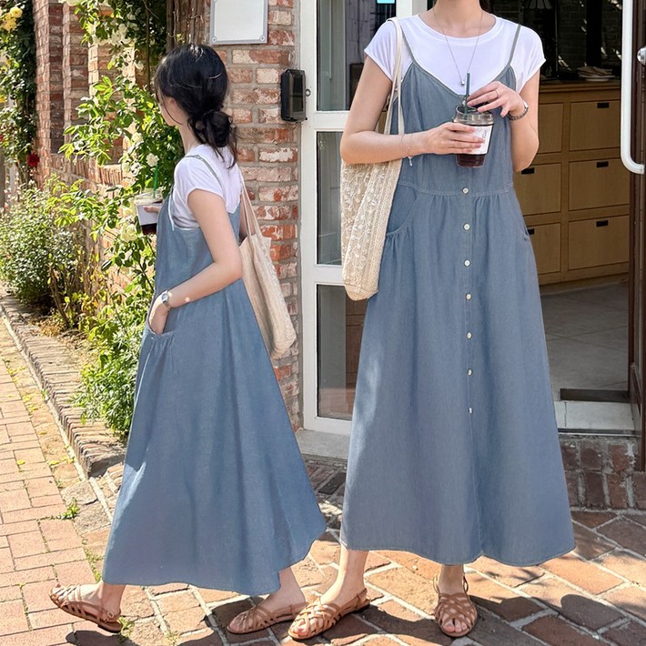 데일리앤 런즈 브이넥 데님 뷔스티에 플레어 청 멜빵 롱 원피스 여름 휴양지
