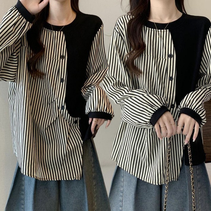 여성 스트라이프 배색 긴팔맨투맨 단추포인트 스웨트셔츠 언밸런스 후드티셔츠 C080419