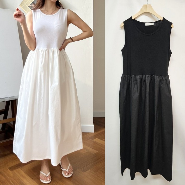 R195 레이어드 나시롱원피스 30수코튼 셔링 플레어원피스 데일리