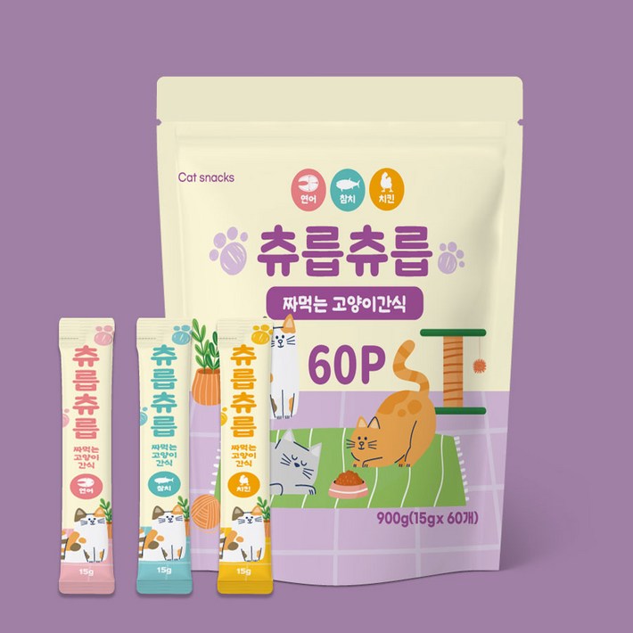 츄릅츄릅 짜먹는 츄르 고양이간식 60스틱 혼합팩 헤어볼케어, 연어치킨참치, 15g, 60개