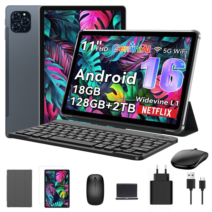 TABWEE 2026 세계최초 Android16 Gemini AI 태블릿 11인치 FHD 18GB +128GB 2TB확장 2in1 테블릿 pc 키보드세트