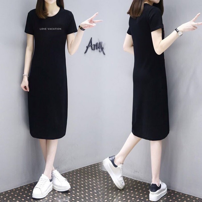 100 순면 원피스 여성 여름 하프 슬림핏 수수한 레터링 라운드 청순한 러블리 루즈핏 학생 치마