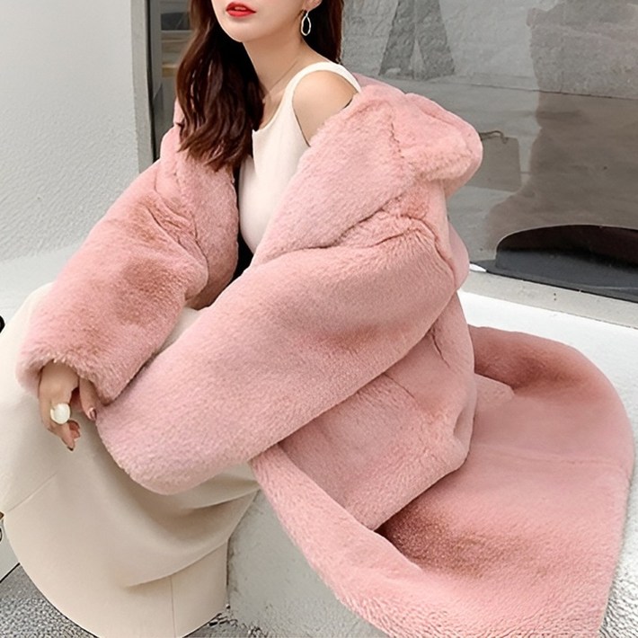 라뷰드 루즈핏 페이크퍼 후드 코트 여성 겨울 롱코트 체형 커버 상의 가벼운 누빔 안감 아우터 부드러운 오버핏 루즈핏 털자켓 사이드 포켓