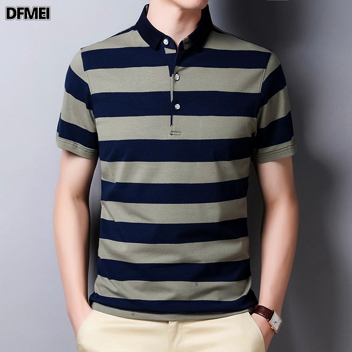 DFMEI 카라 반팔 티셔츠 남자 순면 스트라이프
