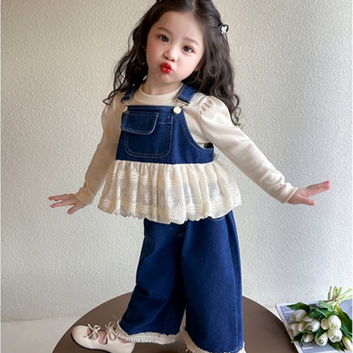 쇼티러플앤롤데님세트 여아 블라우스 세트상하복 세련된 키즈룩 아동 외출복 유아
