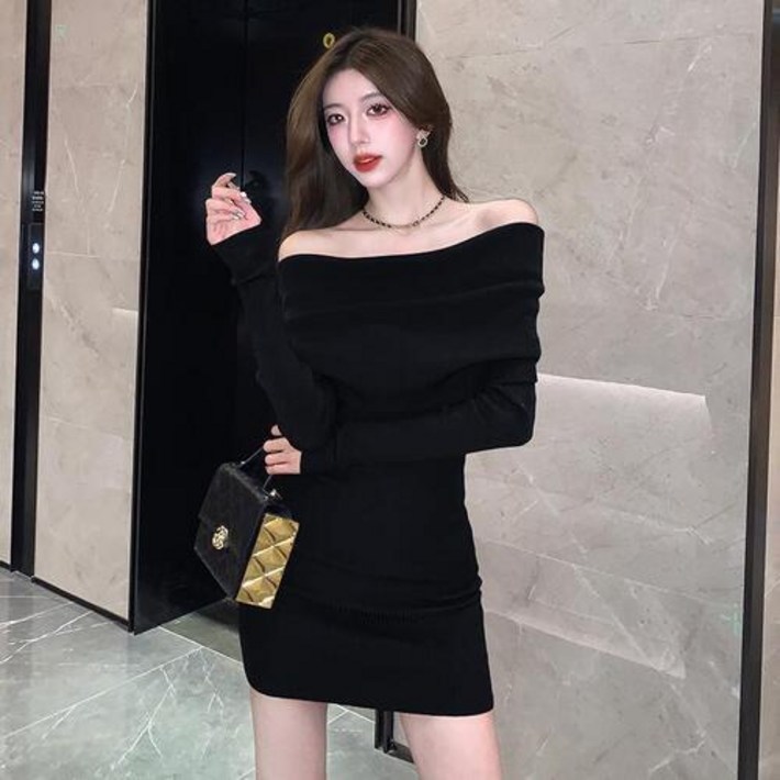 여성용 미니 원피스 드레스 오프숄더 니트 추동 긴팔 슬림핏 CH4