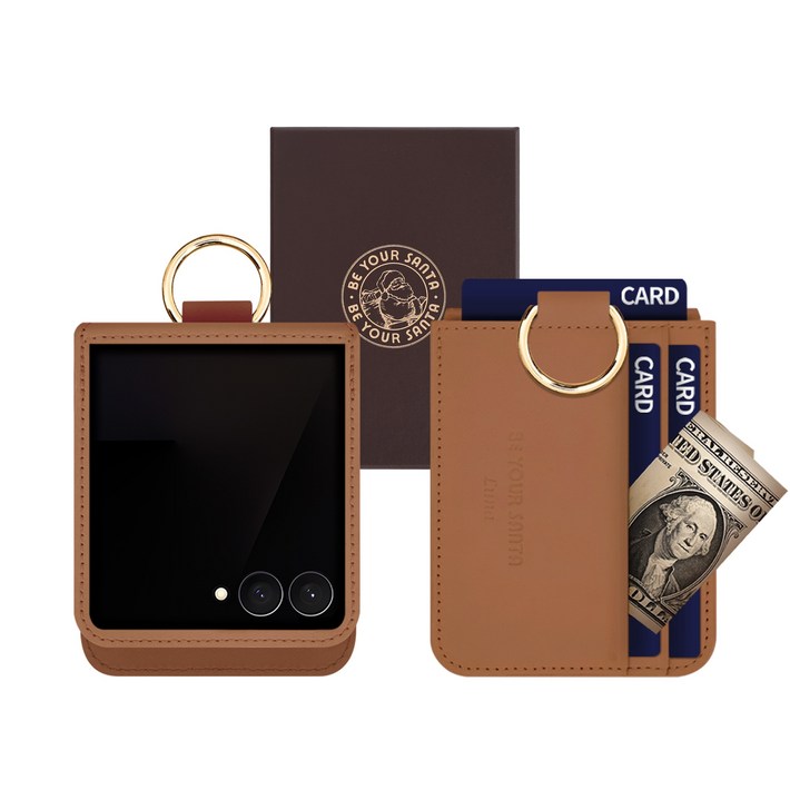 갤럭시 Z플립7 케이스 이태리 천연가죽 힌지보호 카드수납 링 루나, 돌체, 카멜브라운