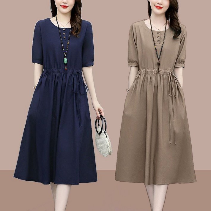 50대원피스 면 마 스트링 통기 반팔 여름원피스 시원한 시크 린넨 중년원피스