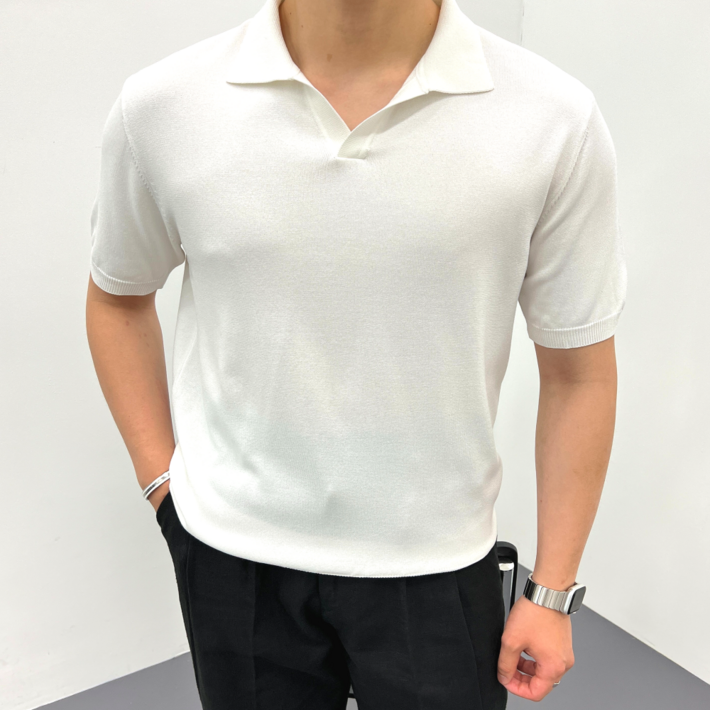 이브컴퍼니 시원한 아이스 오픈 카라 머슬 오버핏 반팔 니트 7751
