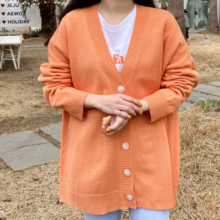 아모르데이 여성용 루즈핏 베이직 브이넥 클롬 버튼 니트 가디건