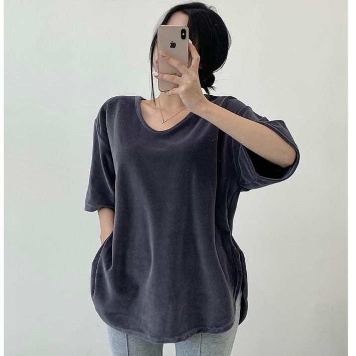 투디 여리핏 벨벳 벨로아 루즈핏 밑단 굴림 트임 반팔티셔츠 박스티 빅사이즈 겨울반팔티 국내제작 데일리룩, 3컬러