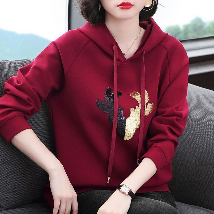 중년 여성 후드 맨투맨 티셔츠 캐주얼 봄 가을 후드티 루즈핏 긴팔티 상의 기질 데일리 후드 맨투맨 티셔츠 빅사이즈 CY