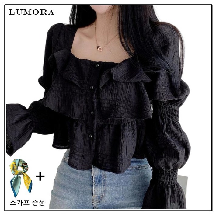 LUMORA 여성 상의 스퀘어 칼라 긴팔 블라우스 숏 블라우스 봄여름 S124L LUMORA 여성 상의 스퀘어 칼라 긴팔 블라우스 숏 블라우스 봄여름 S124L