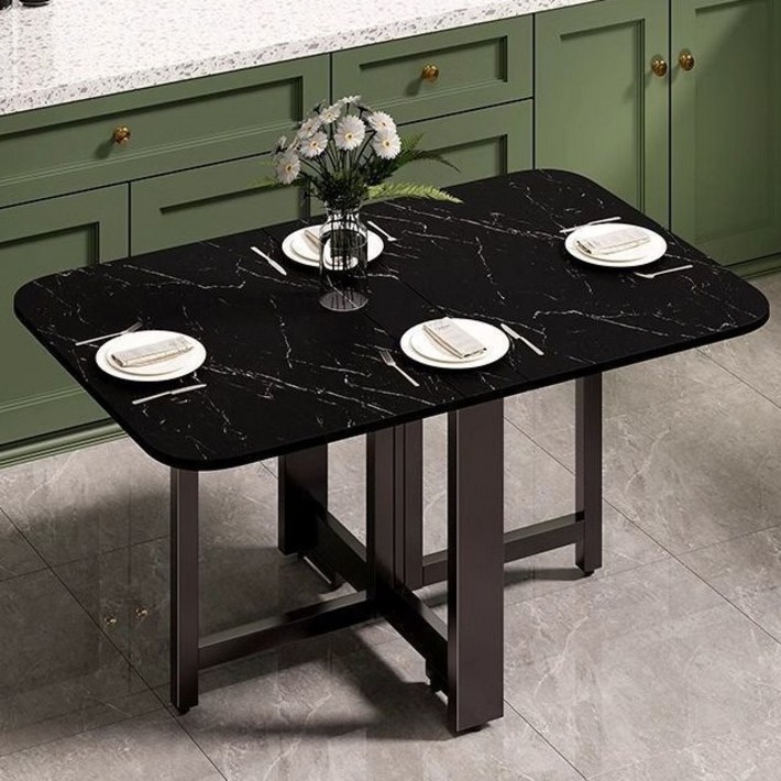 오아루 접이식 확장형 주방 식탁 테이블, 2인용, 마블 블랙블랙 프레임