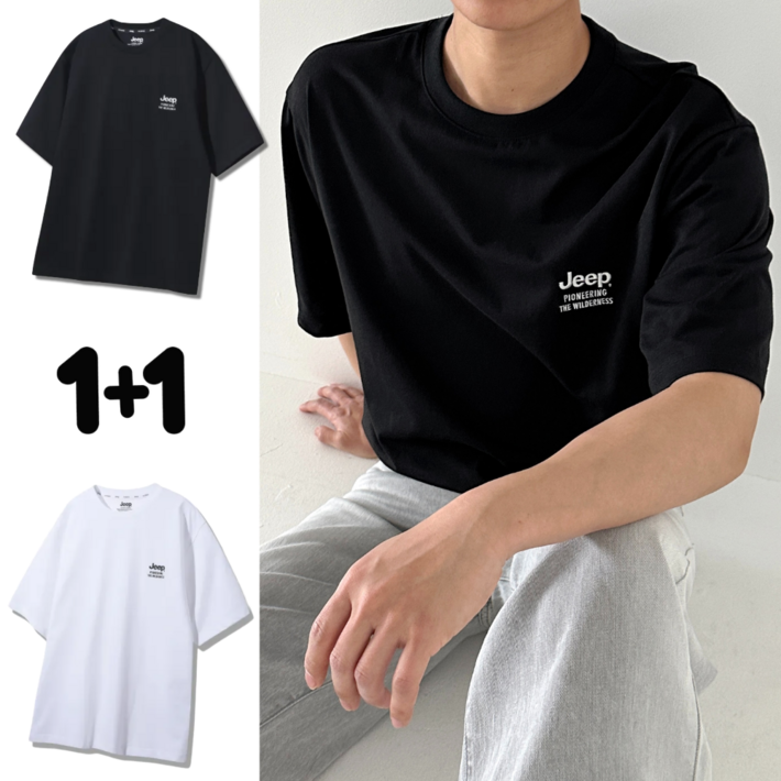 국내정품AS가능 지프 JEEP 반팔 티셔츠 스몰 로고 와펜 30수 남녀공용 커플 세미 오버핏 반팔티 스포네틱 악세사리