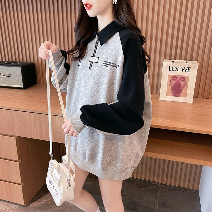 봄 한정판 오버핏 백 면 칼라 배색 빅 사이즈 얇은 맨투맨 여