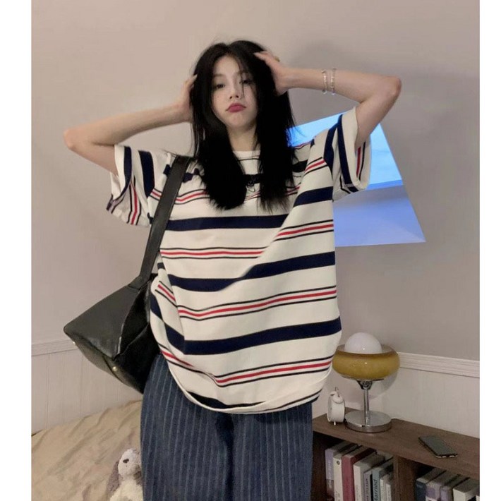 쁘띠꼬모 스트라이프 여자 여름 빅사이즈 오버핏 롱박스티셔츠 스트라이프 라운드 반팔티 쁘띠꼬모 스트라이프 여자 여름 빅사이즈 오버핏 롱박스티셔츠 스트라이프 라운드 반팔티