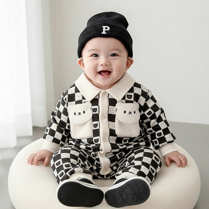 몽실이 체커베어 카라 우주복 아동 유아 신생아 아기 봄 가을 점프수트 외출복