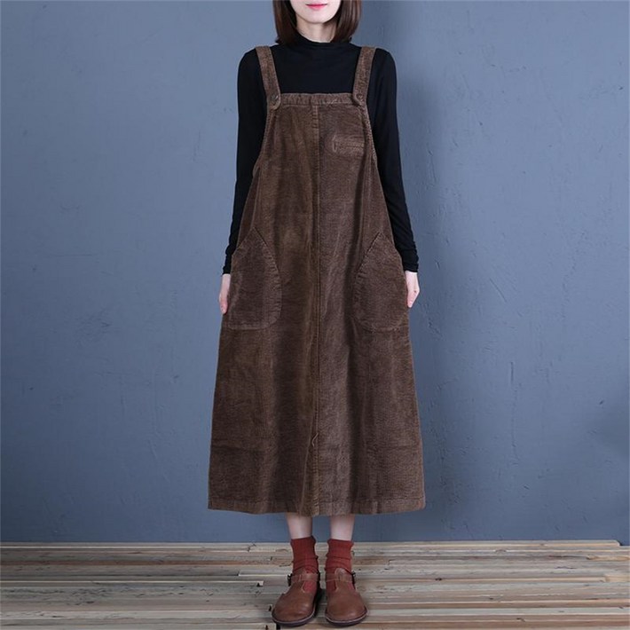 TKX 여성 민소매 원피스 편안한 복고풍 코듀로이 베스트 드레스 루즈핏 앞포켓 KN89