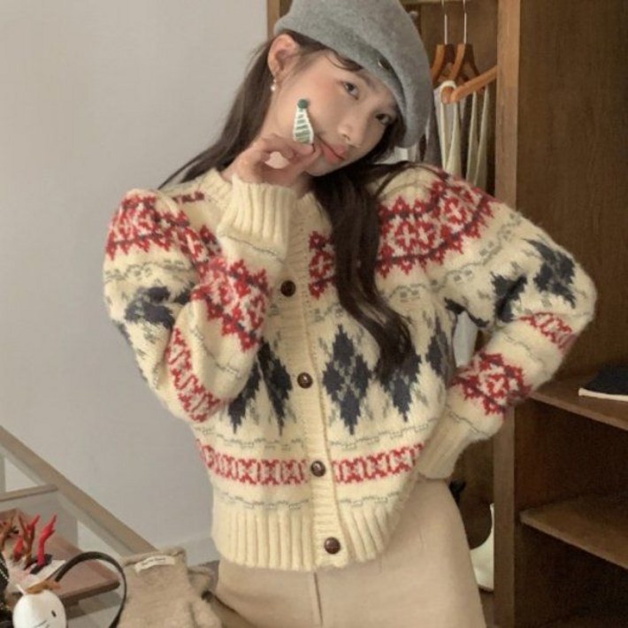 칩썬데이 여성 복고풍 아가일 대칭 컬러 두꺼운 울 가디건 칩썬데이 여성 복고풍 아가일 대칭 컬러 두꺼운 울 가디건
