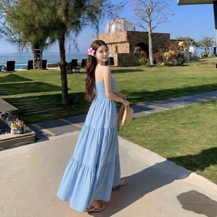 쁘띠엘라 휴양지 여신핏 롱원피스 스모크밴딩 A라인 발목기장 빅사이즈 비치웨어