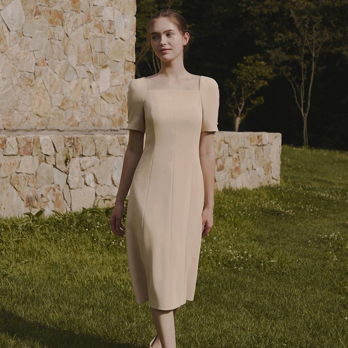 국내백화점 잇미샤 스퀘어넥 페미닌 원피스 가을 겨울 여성 우아한 하객룩 데이트룩 코디