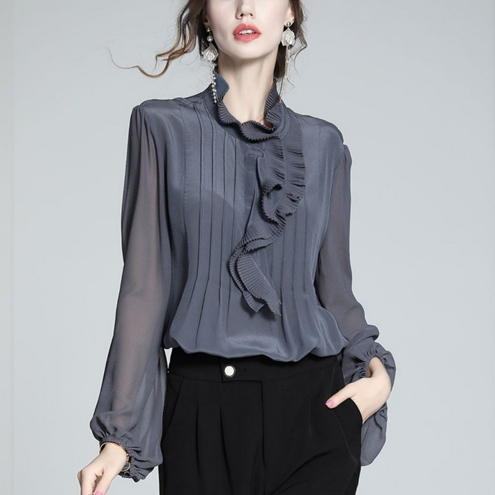 Vezri 여성용  봄 가을 쉬폰 블라우스 세련한 디자인 우아한 플리츠 오피스룩 트랜디  SKZ