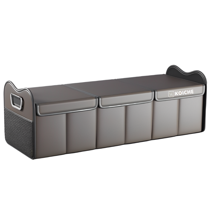 코이체 자동차 트렁크 정리함 고급 가죽 듀얼 커버 접이식 분리 수납함 차량용 수납박스, 브라운