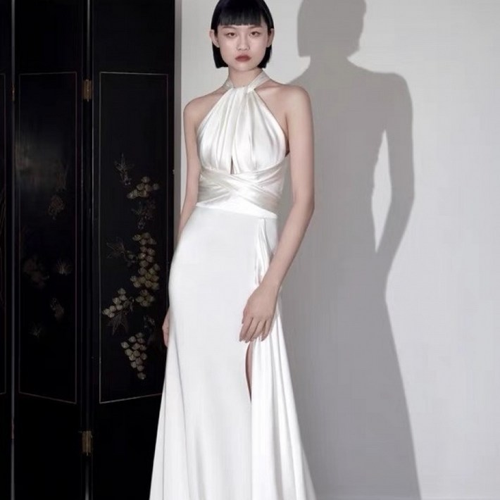 해피유통 여성용 원피스 빈티지 홀터넥 트임 백 오픈 패션 생일 이브닝 드레스 mgy