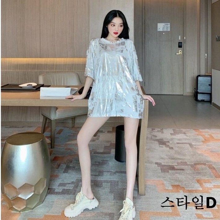 [Myshe]여성 반짝이 캐주얼 빅사이즈 여름 반팔티 슬림핏 티셔츠 2010530 CBT004F