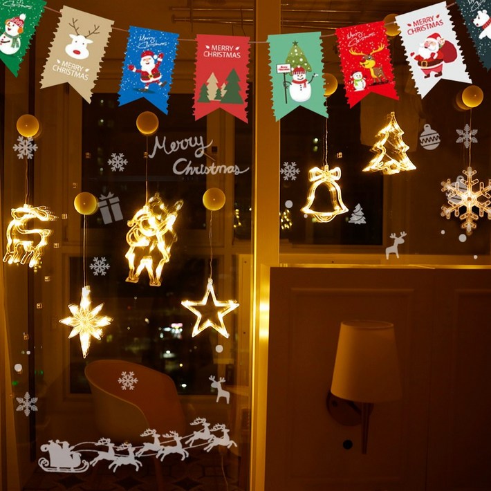 HK.SELL 성탄절 모빌 전구 특별 패키지 북극성, 트리,루돌프,징글벨,눈송이,산타, 별,가랜드 , 유리스티커, 전구색