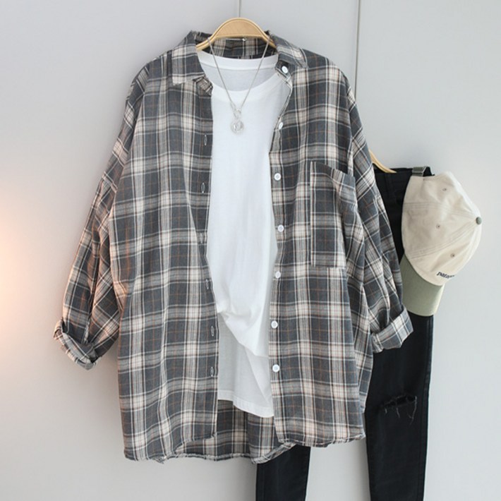 달콩 솔리드체크오버핏셔츠 빅사이즈 롱셔츠 루즈핏