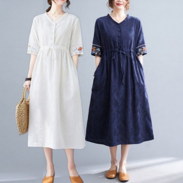 중년 여성 면 마 원피스 라운드넥 반팔 여름 캐주얼 원피스 빅사이즈 엄마옷