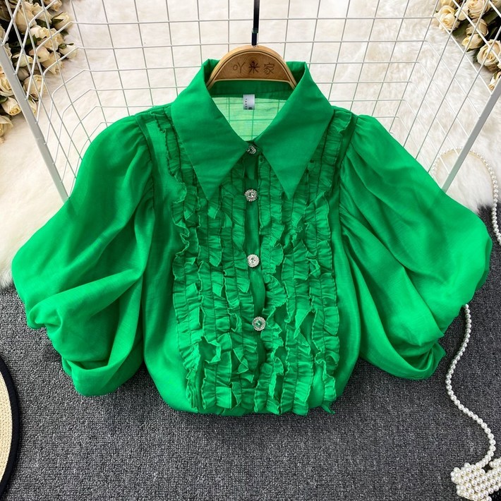 예복 여성 오피스룩 화려한 상견례 퍼프소매 피로연 카라 정장 그린 블라우스