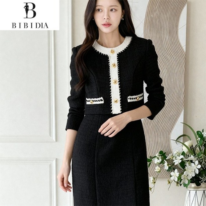 비비디아 여성용 트위드 자켓형 투피스핏 미디 원피스 하객룩 결혼식룩 정장 원피스 5581