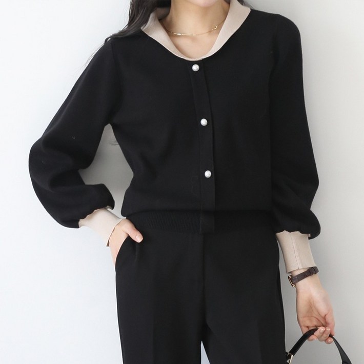 제니트 여성 우아한 포멀룩 진주 단추 퍼프소매 미니 라운드 카라넥 긴팔 니트