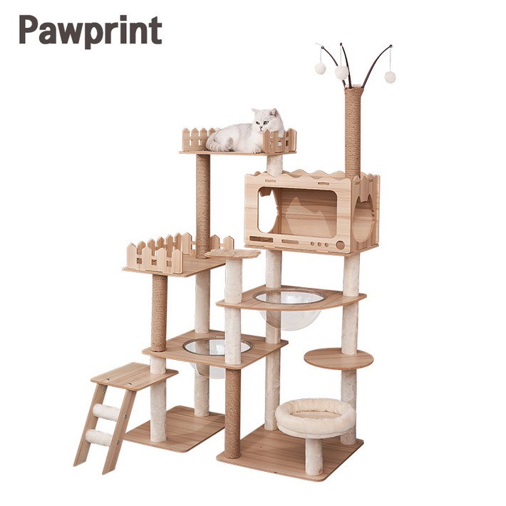Pawprint 튼튼한 고양이 캣타워  실내 공간 최적 활용, 스트레스 해소, 다묘 가정 필수품 다양한 활동 지원, 고양이 놀이와 휴식 모두 가능, 고양이에게 안전한 견고한 구조